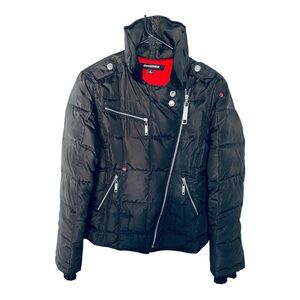 Vintage Coffee Shop Down Feather Puffer Moto Jacket Black Medium